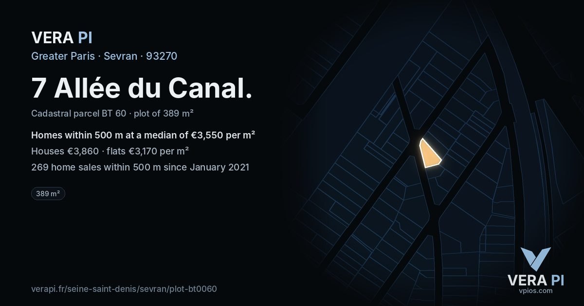 7 Allée du Canal, Sevran at night – the plot lit, the parcels around coloured by the prices near them