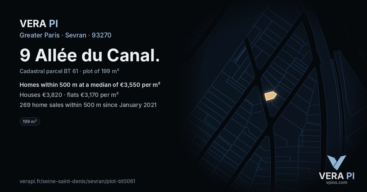9 Allée du Canal, Sevran at night – the plot lit, the parcels around coloured by the prices near them