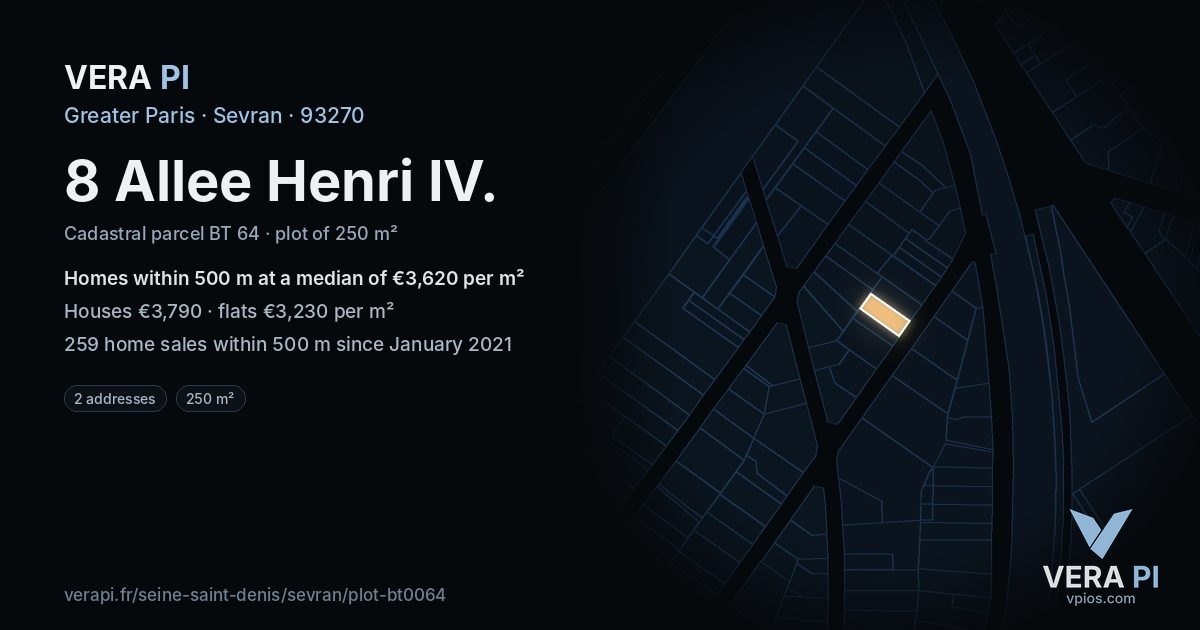 8 Allee Henri IV, Sevran at night – the plot lit, the parcels around coloured by the prices near them