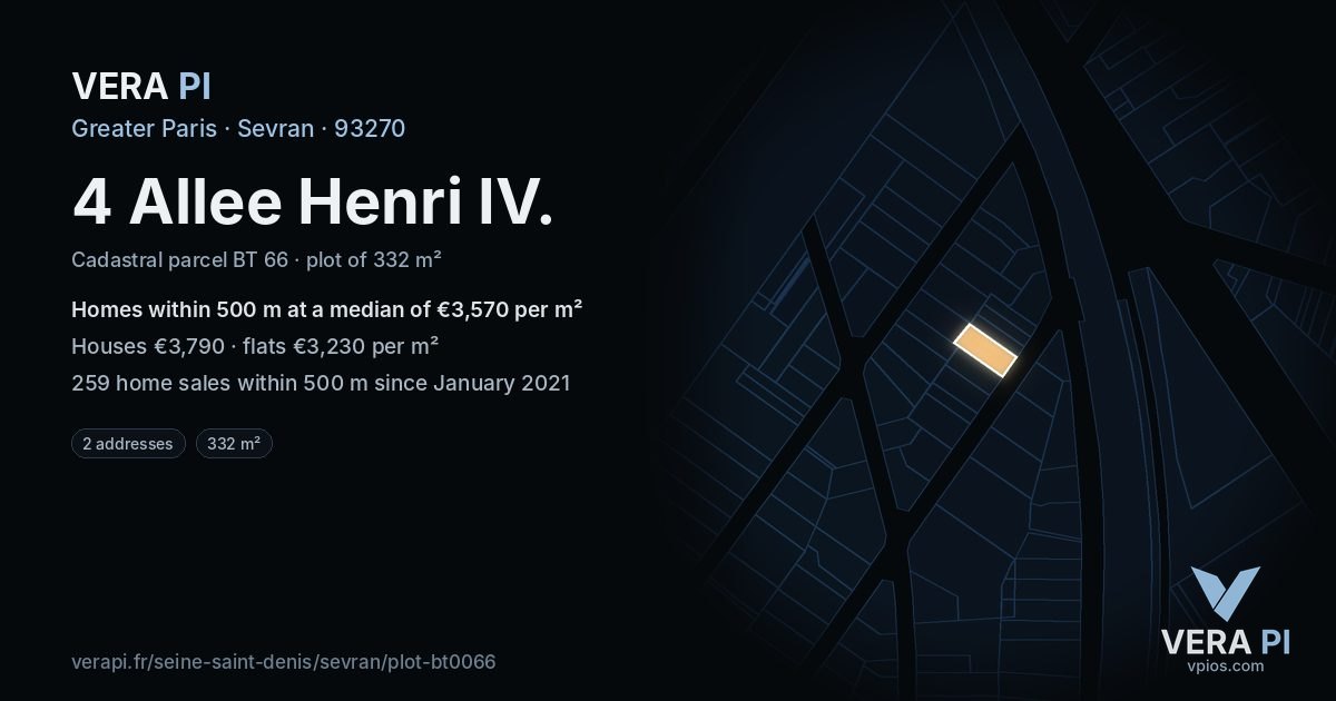 4 Allee Henri IV, Sevran at night – the plot lit, the parcels around coloured by the prices near them