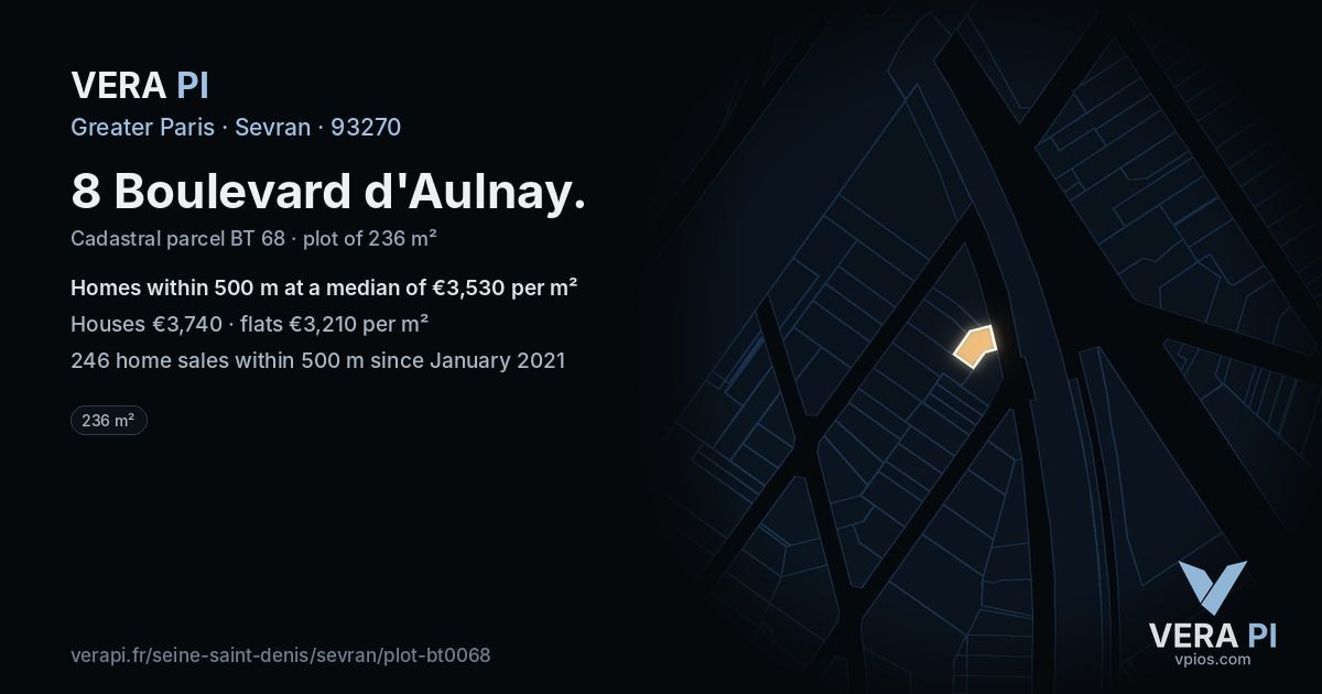 8 Boulevard d'Aulnay, Sevran at night – the plot lit, the parcels around coloured by the prices near them