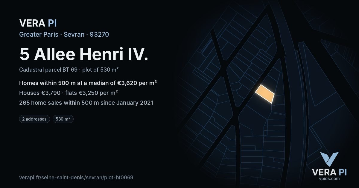 5 Allee Henri IV, Sevran at night – the plot lit, the parcels around coloured by the prices near them