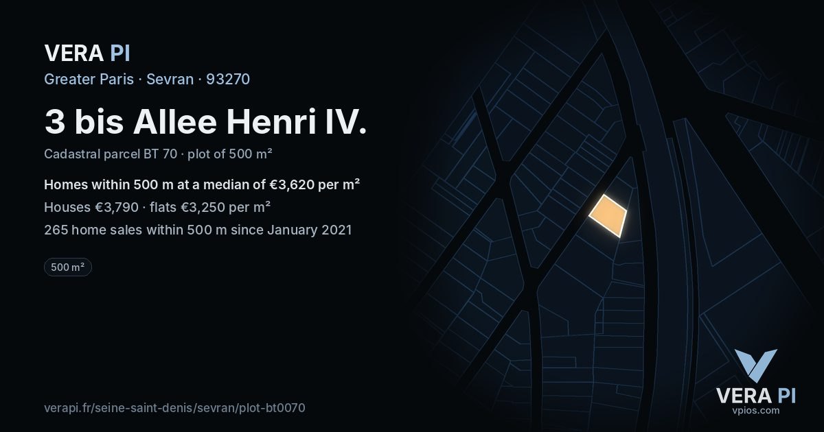 3 bis Allee Henri IV, Sevran at night – the plot lit, the parcels around coloured by the prices near them