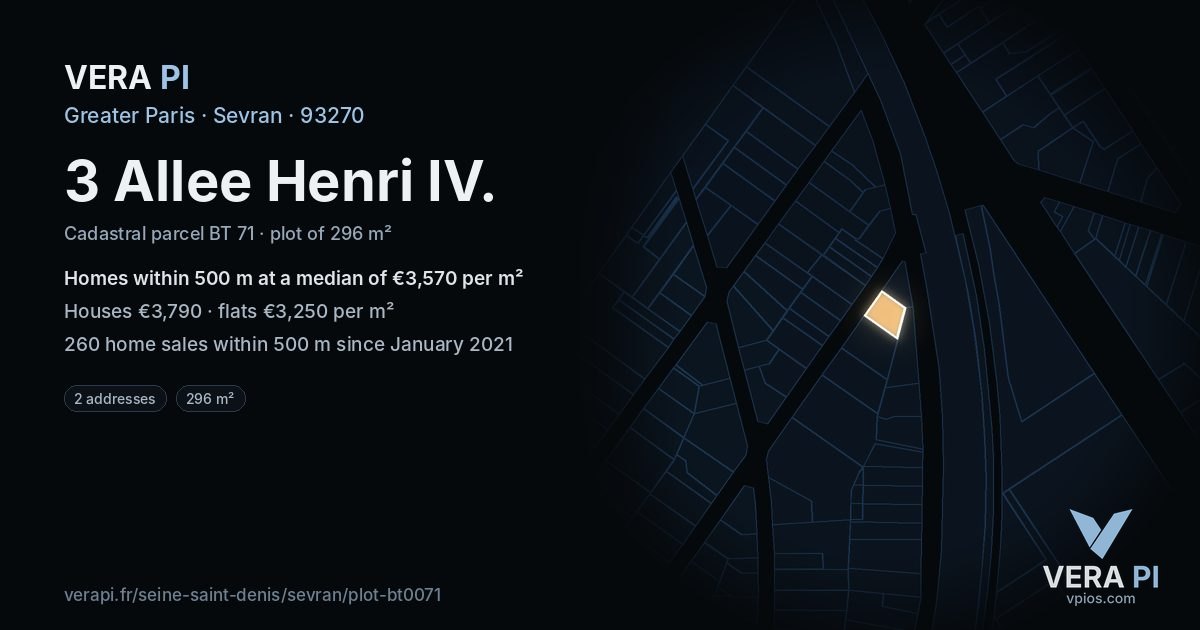 3 Allee Henri IV, Sevran at night – the plot lit, the parcels around coloured by the prices near them