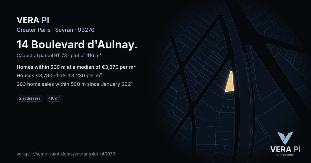 14 Boulevard d'Aulnay, Sevran at night – the plot lit, the parcels around coloured by the prices near them