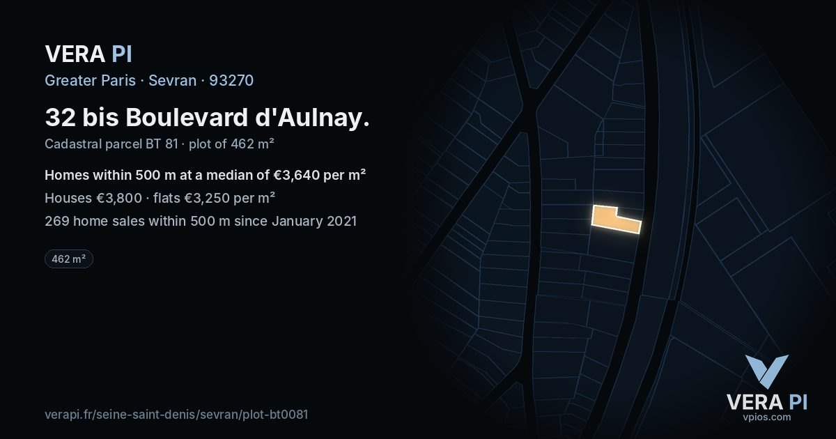 32 bis Boulevard d'Aulnay, Sevran at night – the plot lit, the parcels around coloured by the prices near them