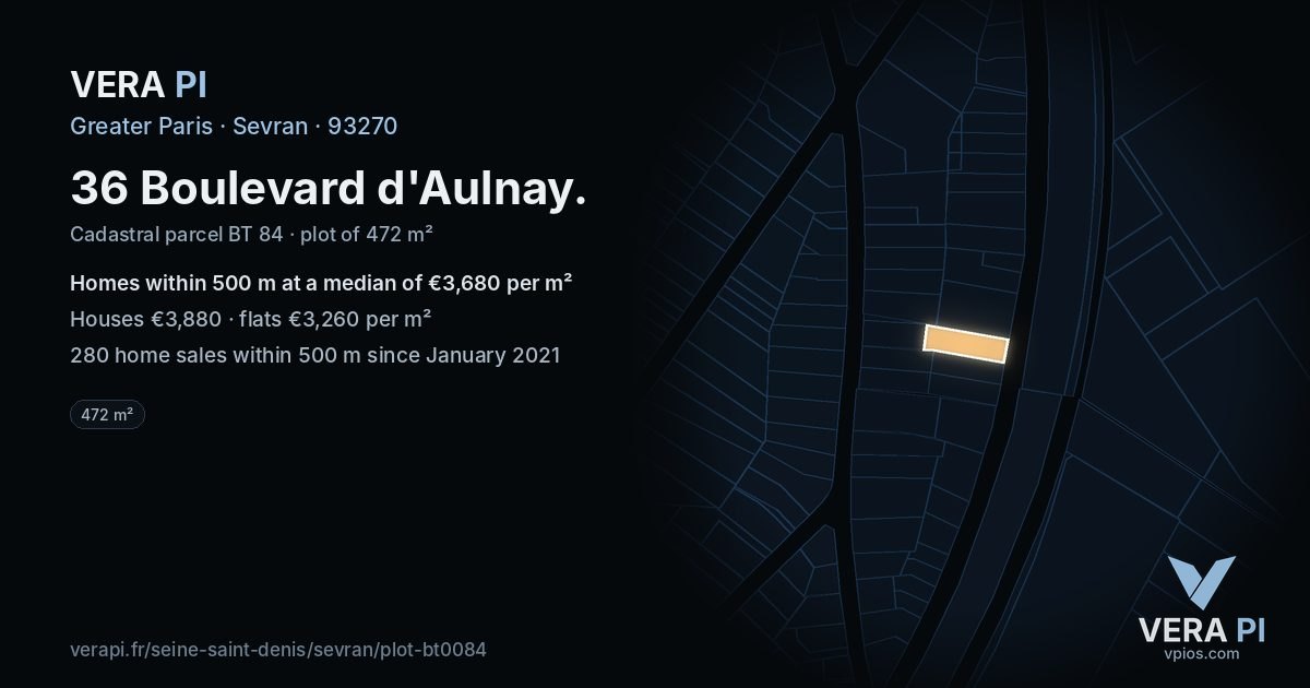 36 Boulevard d'Aulnay, Sevran at night – the plot lit, the parcels around coloured by the prices near them