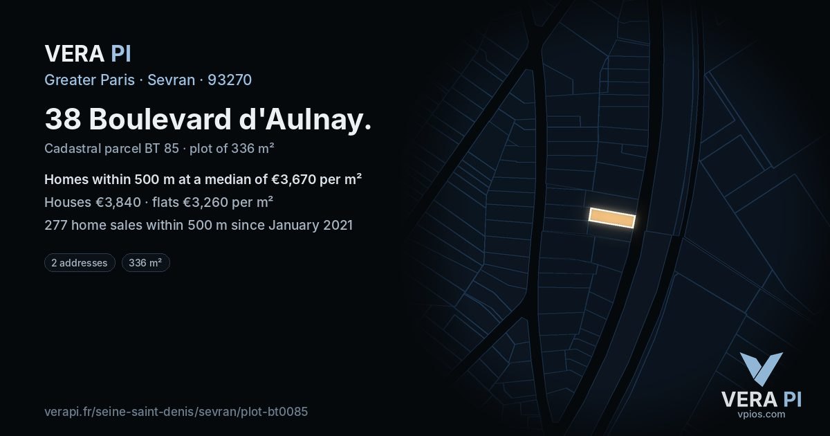 38 Boulevard d'Aulnay, Sevran at night – the plot lit, the parcels around coloured by the prices near them