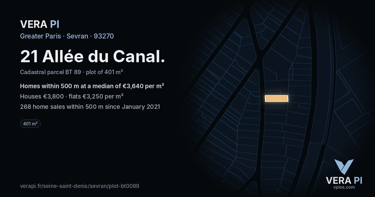21 Allée du Canal, Sevran at night – the plot lit, the parcels around coloured by the prices near them