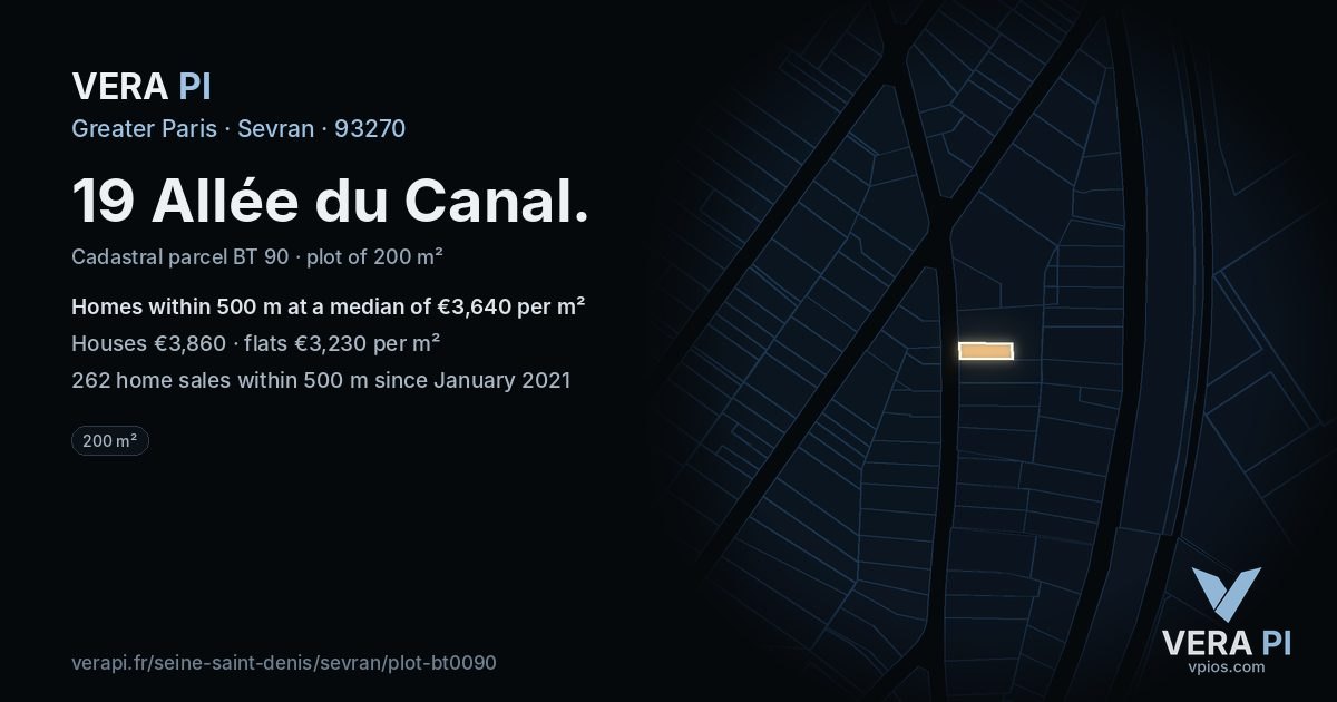 19 Allée du Canal, Sevran at night – the plot lit, the parcels around coloured by the prices near them