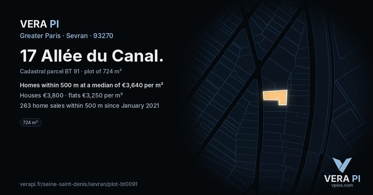 17 Allée du Canal, Sevran at night – the plot lit, the parcels around coloured by the prices near them