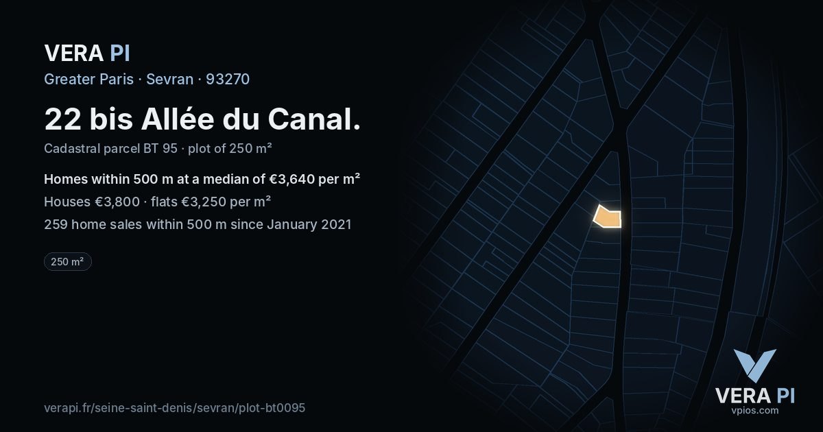 22 bis Allée du Canal, Sevran at night – the plot lit, the parcels around coloured by the prices near them