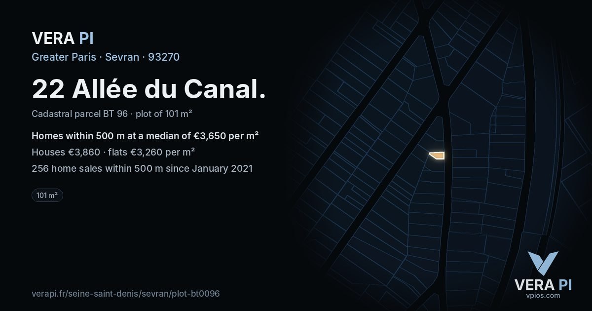 22 Allée du Canal, Sevran at night – the plot lit, the parcels around coloured by the prices near them