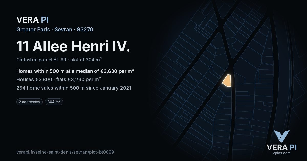 11 Allee Henri IV, Sevran at night – the plot lit, the parcels around coloured by the prices near them