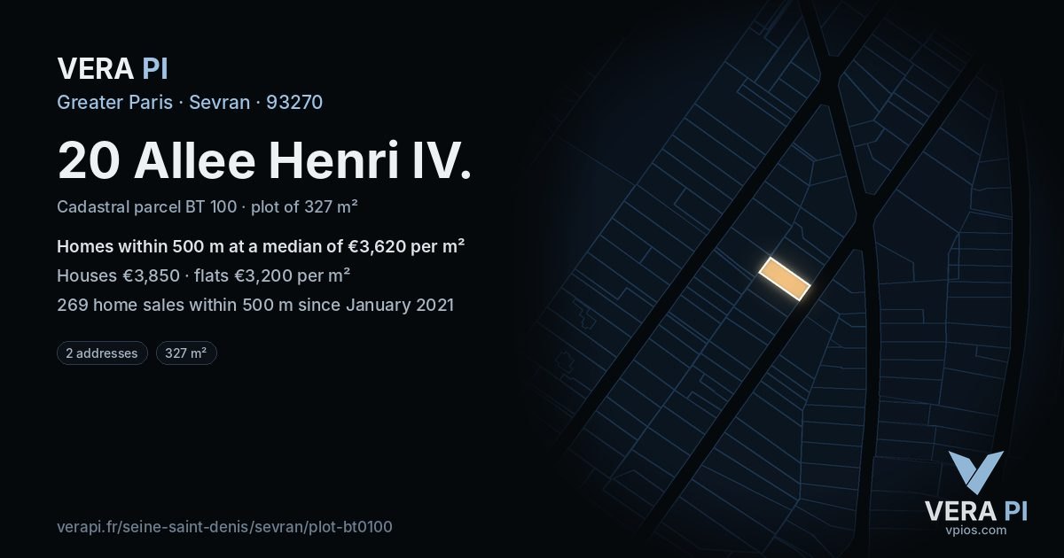 20 Allee Henri IV, Sevran at night – the plot lit, the parcels around coloured by the prices near them