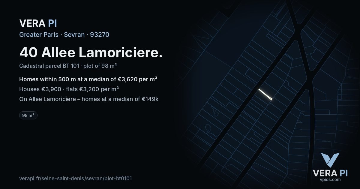 40 Allee Lamoriciere, Sevran at night – the plot lit, the parcels around coloured by the prices near them