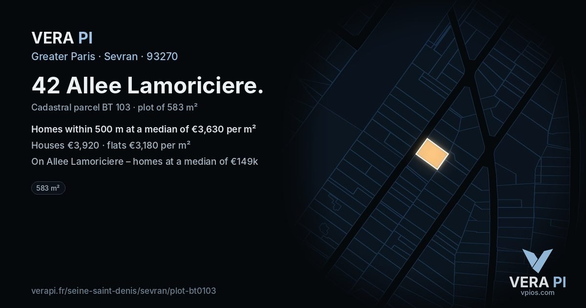 42 Allee Lamoriciere, Sevran at night – the plot lit, the parcels around coloured by the prices near them