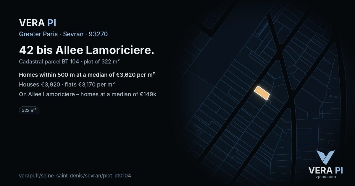 42 bis Allee Lamoriciere, Sevran at night – the plot lit, the parcels around coloured by the prices near them