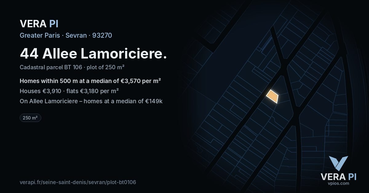 44 Allee Lamoriciere, Sevran at night – the plot lit, the parcels around coloured by the prices near them