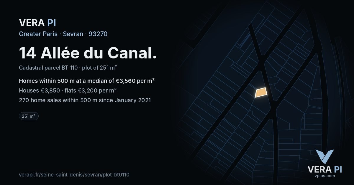 14 Allée du Canal, Sevran at night – the plot lit, the parcels around coloured by the prices near them