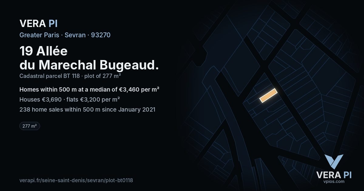 19 Allée du Marechal Bugeaud, Sevran at night – the plot lit, the parcels around coloured by the prices near them