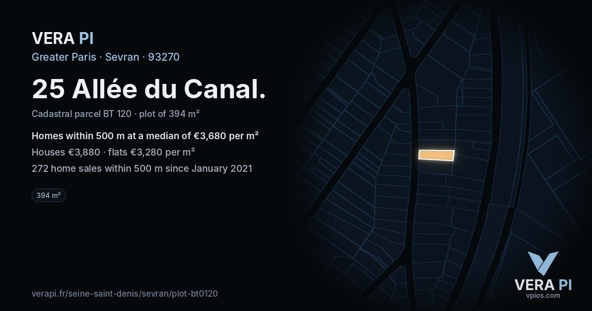 25 Allée du Canal, Sevran at night – the plot lit, the parcels around coloured by the prices near them