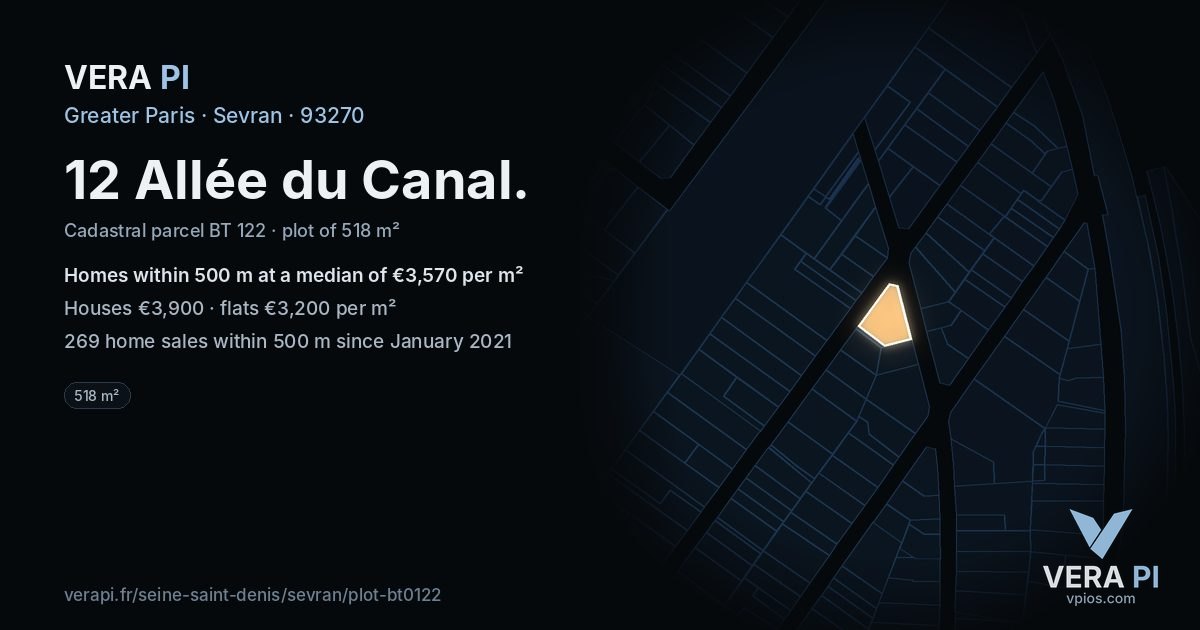 12 Allée du Canal, Sevran at night – the plot lit, the parcels around coloured by the prices near them