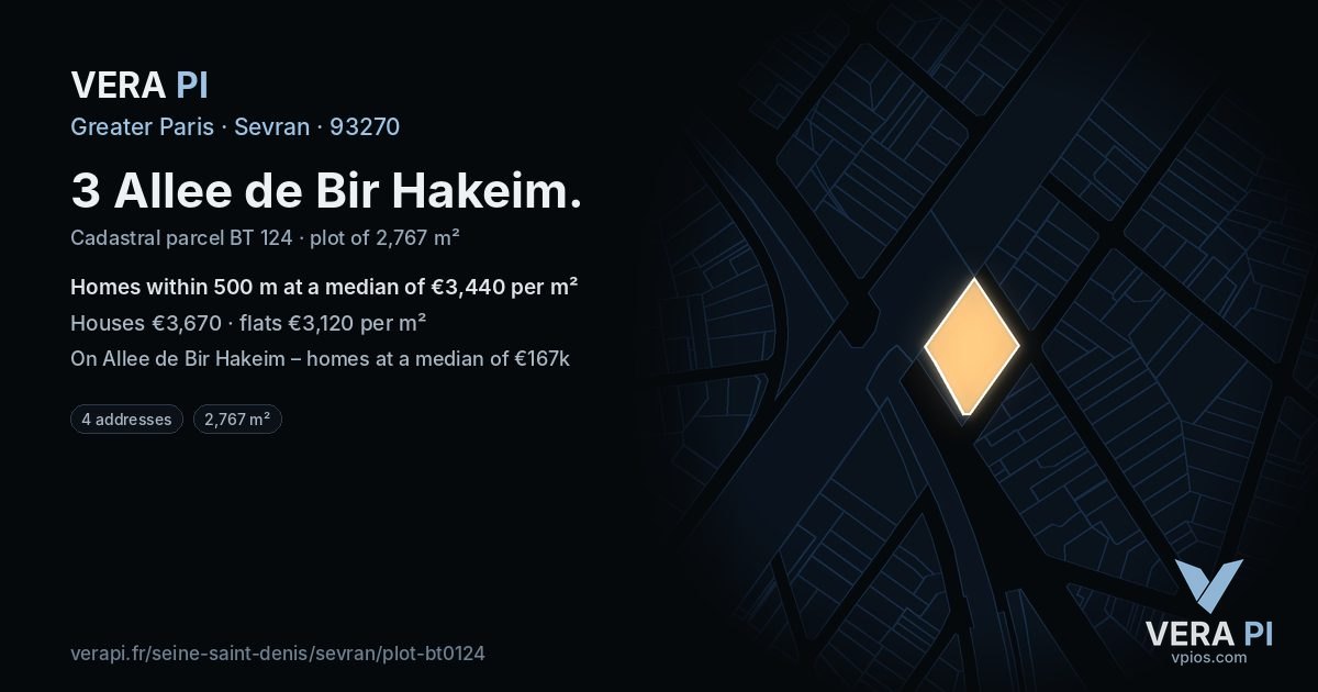 3 Allee de Bir Hakeim, Sevran at night – the plot lit, the parcels around coloured by the prices near them