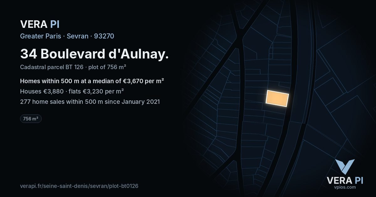 34 Boulevard d'Aulnay, Sevran at night – the plot lit, the parcels around coloured by the prices near them