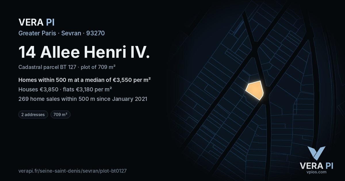 14 Allee Henri IV, Sevran at night – the plot lit, the parcels around coloured by the prices near them