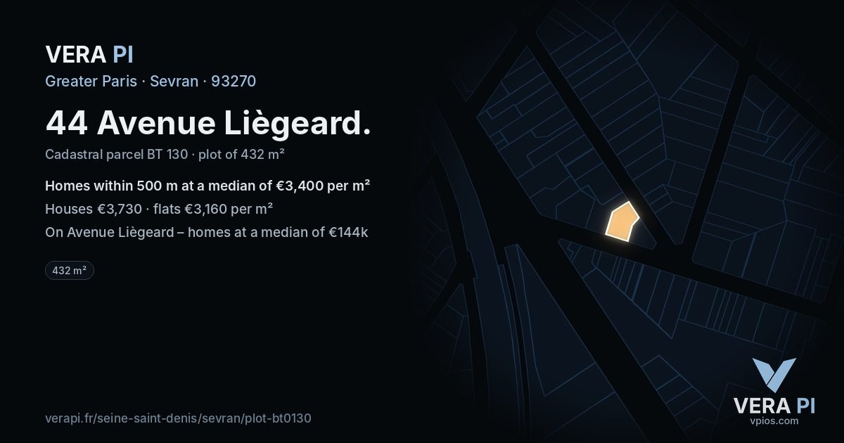 44 Avenue Liègeard, Sevran at night – the plot lit, the parcels around coloured by the prices near them