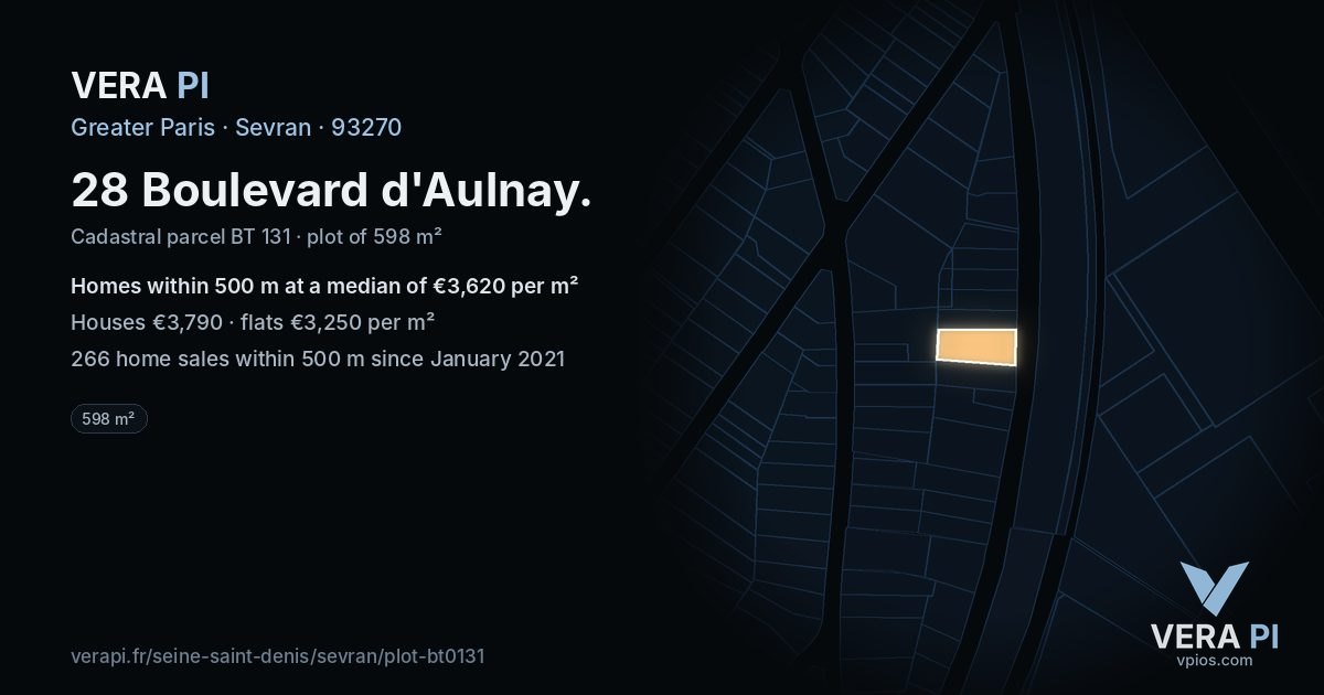 28 Boulevard d'Aulnay, Sevran at night – the plot lit, the parcels around coloured by the prices near them