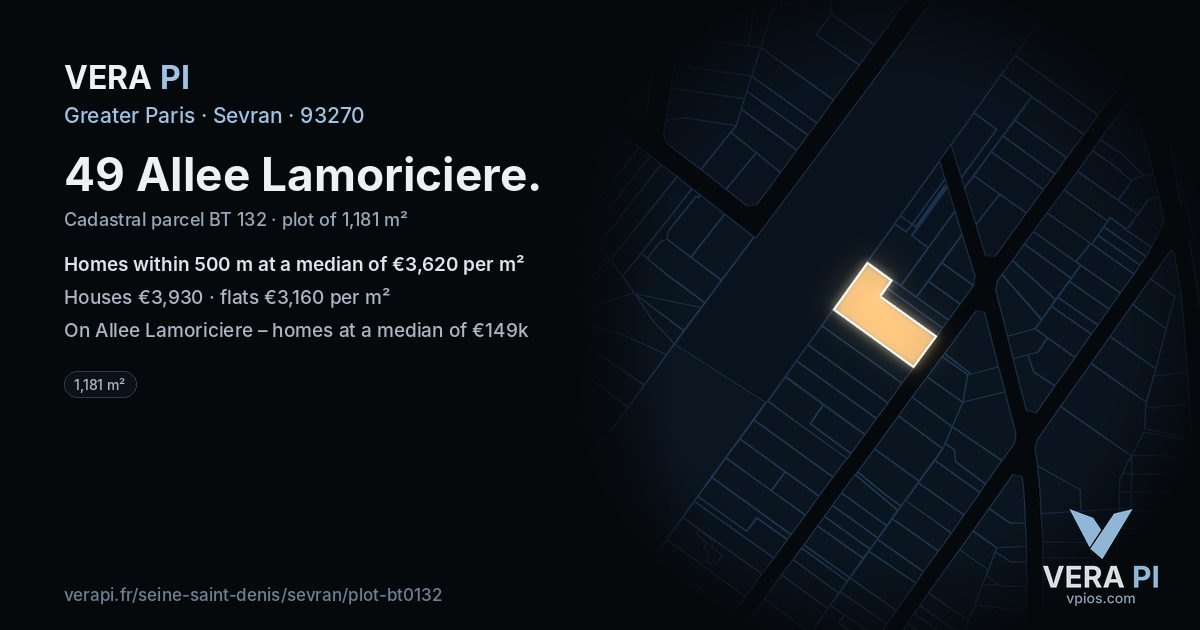 49 Allee Lamoriciere, Sevran at night – the plot lit, the parcels around coloured by the prices near them