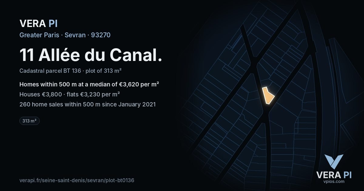 11 Allée du Canal, Sevran at night – the plot lit, the parcels around coloured by the prices near them
