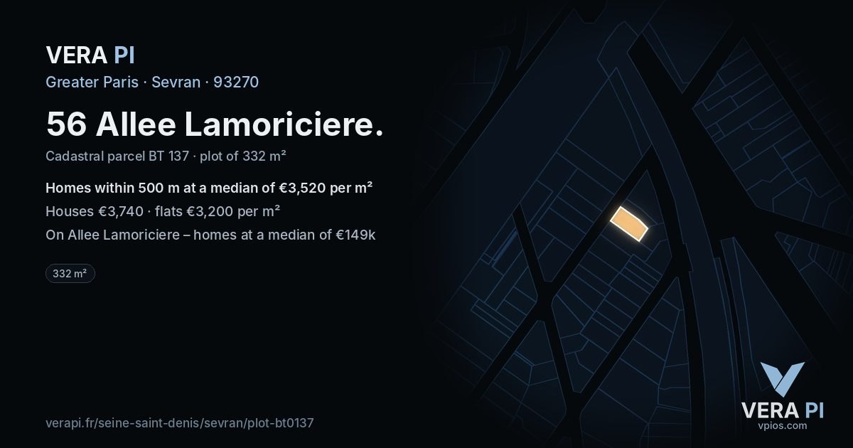56 Allee Lamoriciere, Sevran at night – the plot lit, the parcels around coloured by the prices near them