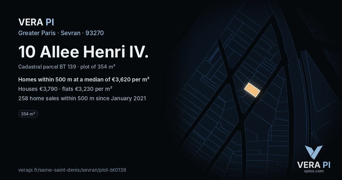 10 Allee Henri IV, Sevran at night – the plot lit, the parcels around coloured by the prices near them