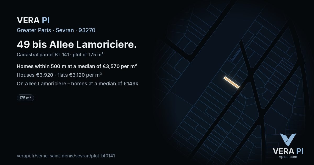 49 bis Allee Lamoriciere, Sevran at night – the plot lit, the parcels around coloured by the prices near them