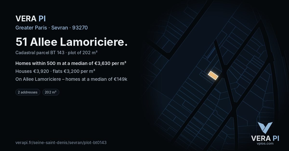 51 Allee Lamoriciere, Sevran at night – the plot lit, the parcels around coloured by the prices near them