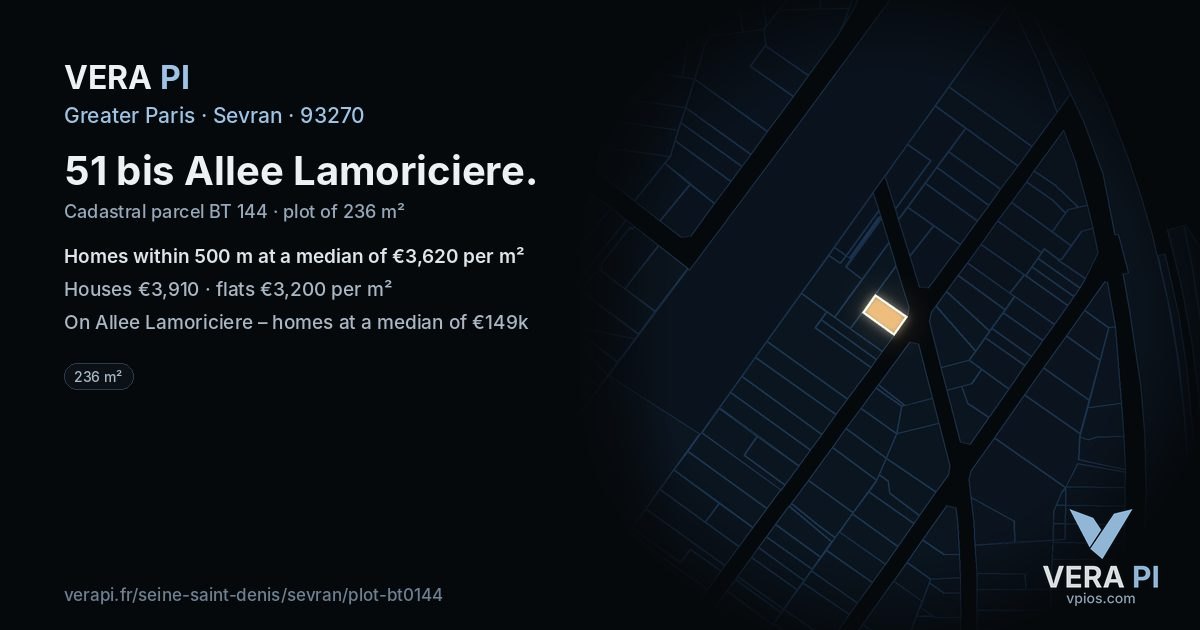 51 bis Allee Lamoriciere, Sevran at night – the plot lit, the parcels around coloured by the prices near them