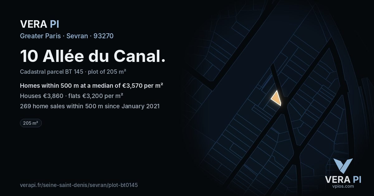 10 Allée du Canal, Sevran at night – the plot lit, the parcels around coloured by the prices near them