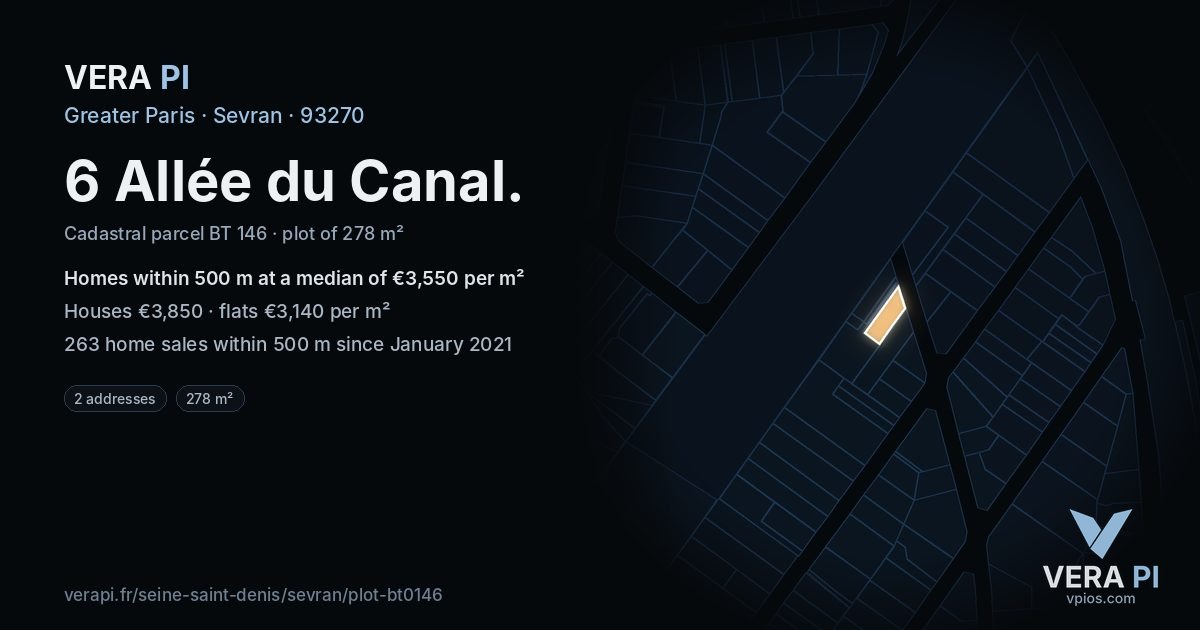 6 Allée du Canal, Sevran at night – the plot lit, the parcels around coloured by the prices near them