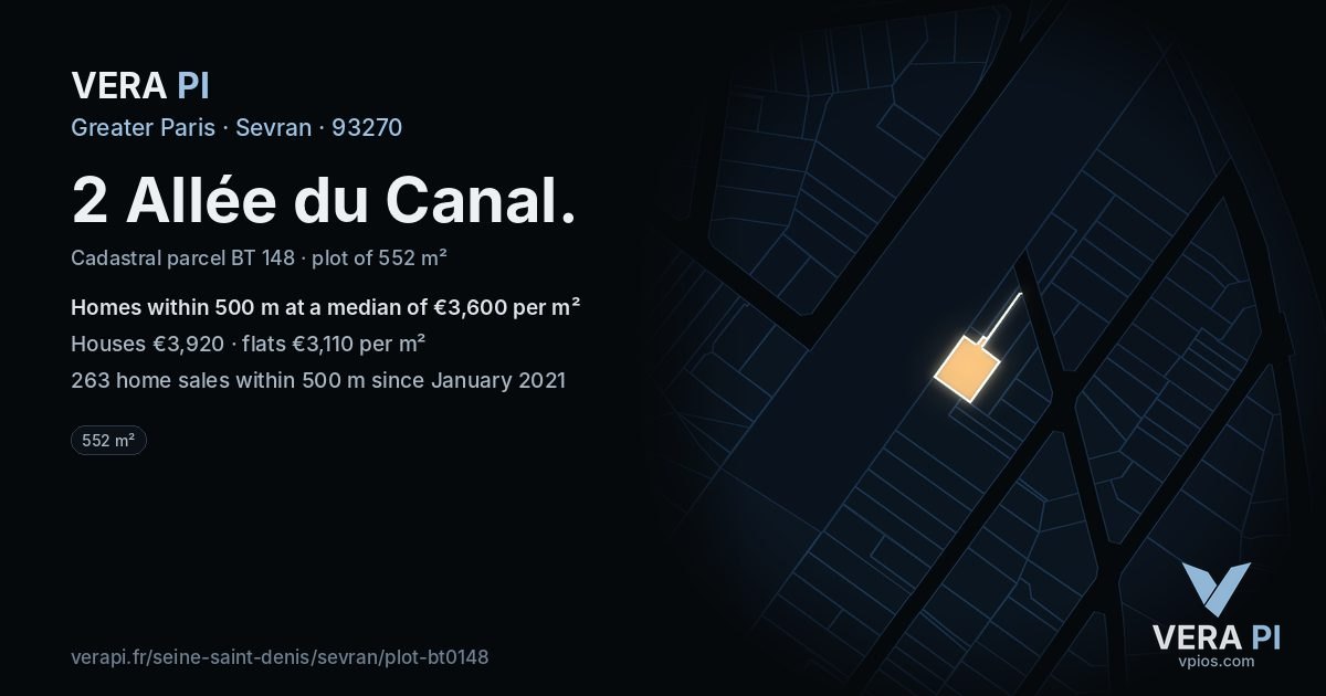 2 Allée du Canal, Sevran at night – the plot lit, the parcels around coloured by the prices near them
