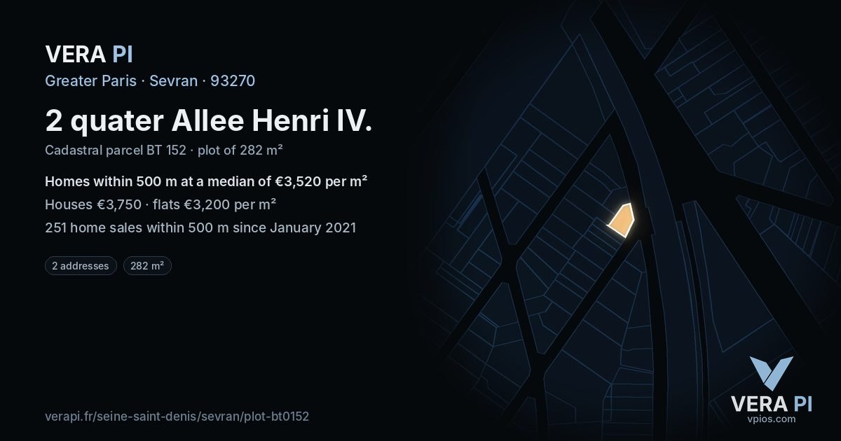 2 quater Allee Henri IV, Sevran at night – the plot lit, the parcels around coloured by the prices near them