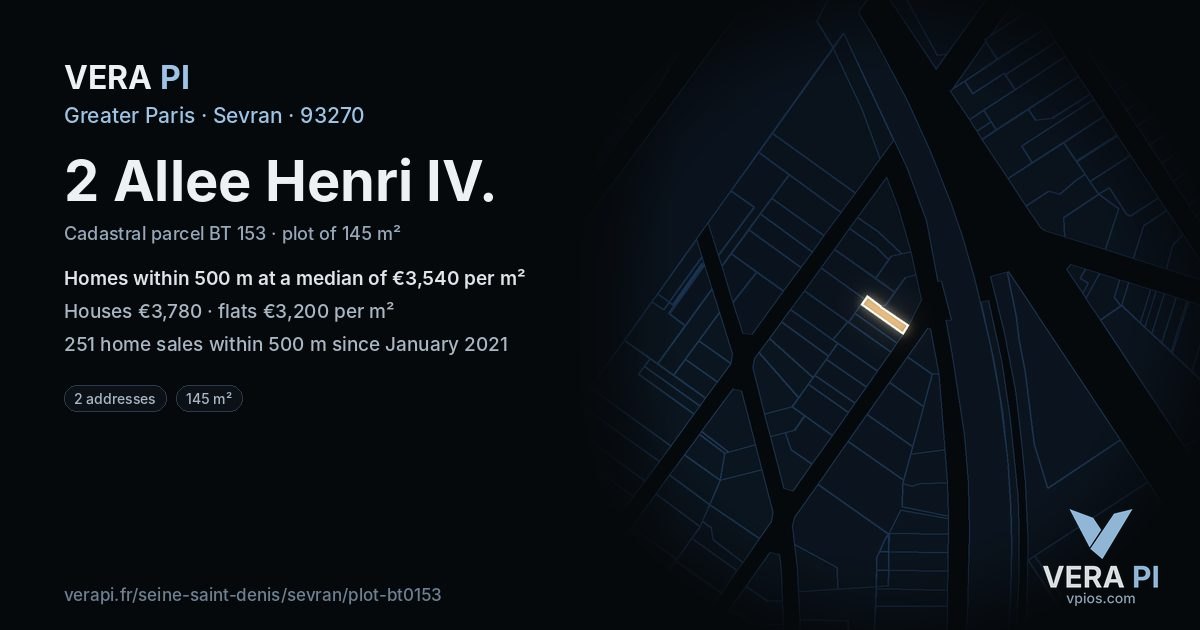 2 Allee Henri IV, Sevran at night – the plot lit, the parcels around coloured by the prices near them