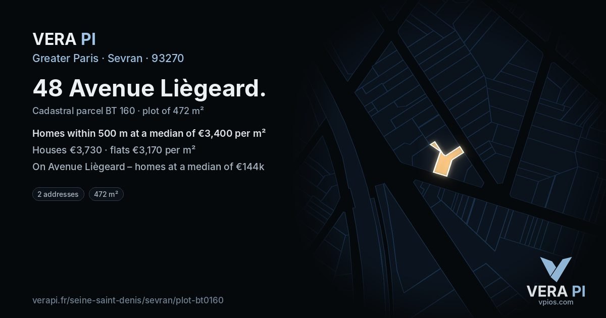 48 Avenue Liègeard, Sevran at night – the plot lit, the parcels around coloured by the prices near them