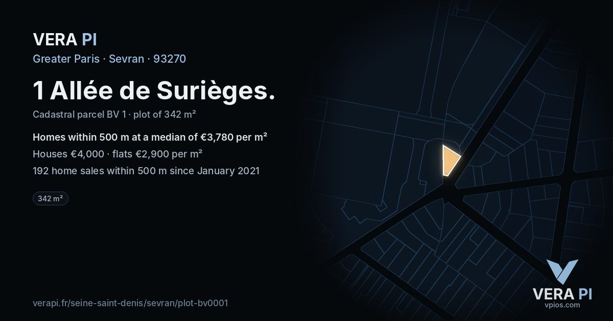 1 Allée de Surièges, Sevran at night – the plot lit, the parcels around coloured by the prices near them
