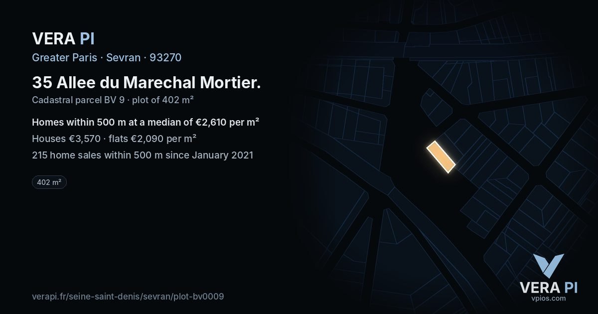 35 Allee du Marechal Mortier, Sevran at night – the plot lit, the parcels around coloured by the prices near them