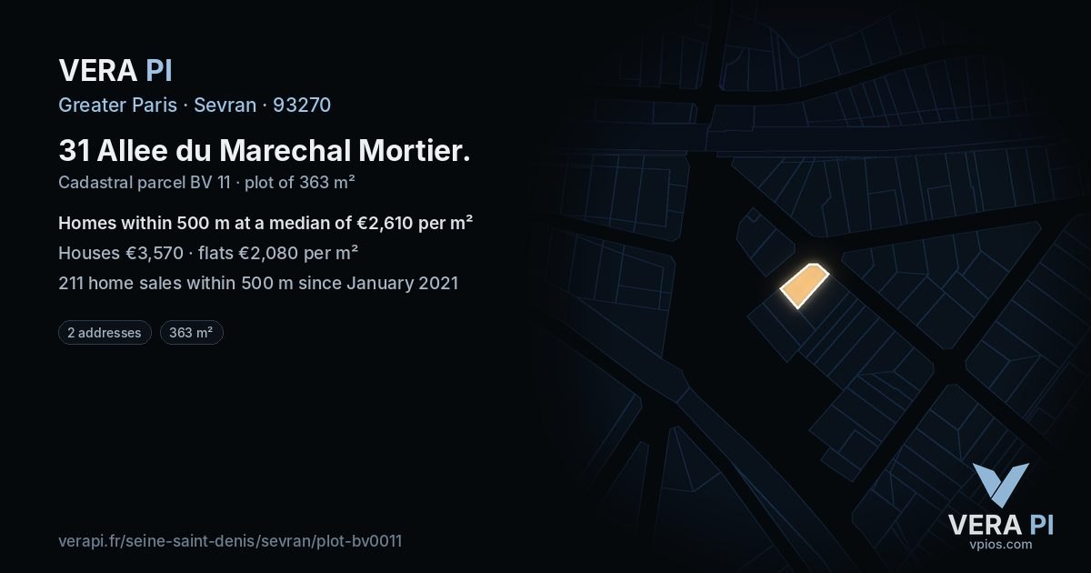 31 Allee du Marechal Mortier, Sevran at night – the plot lit, the parcels around coloured by the prices near them