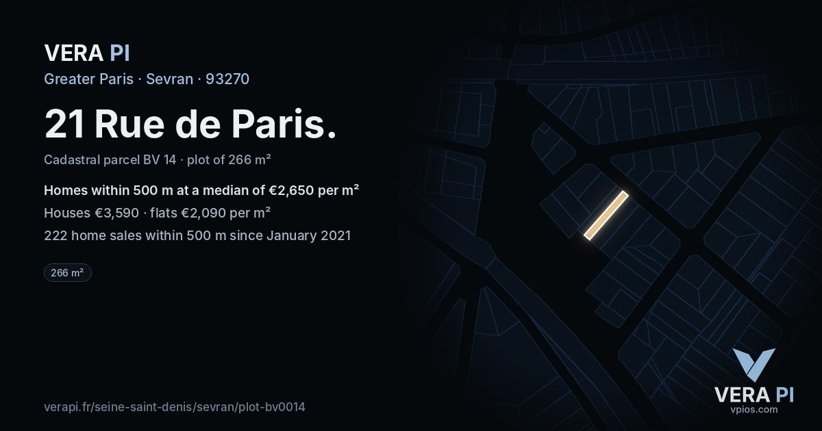 21 Rue de Paris, Sevran at night – the plot lit, the parcels around coloured by the prices near them