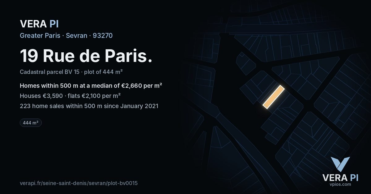19 Rue de Paris, Sevran at night – the plot lit, the parcels around coloured by the prices near them